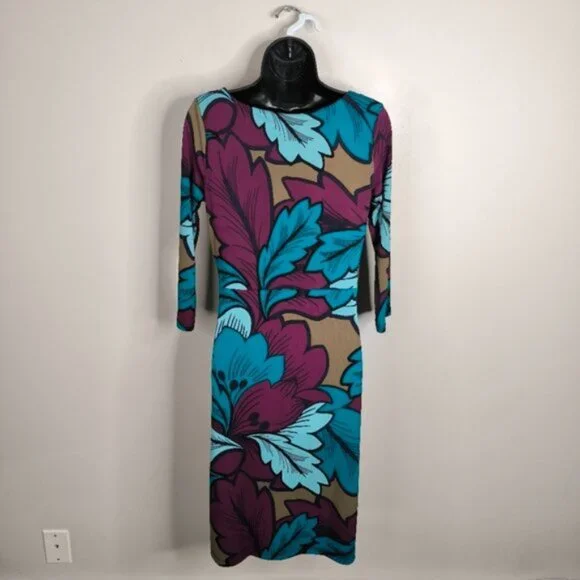 Talbots Jersey Stretch Feminine Floral Tropical Print Faux Wrap Sheath Dress S - Picture 4 of 9